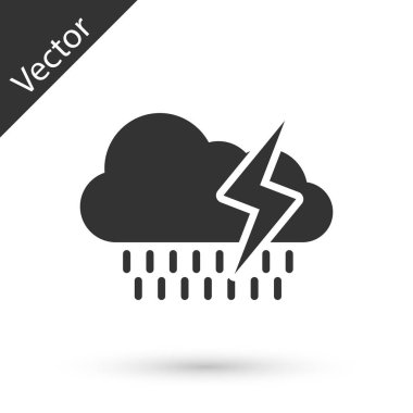 Beyaz zemin üzerinde yağmur ve yıldırım simgesi olan gri bulut. Yağmur damlalı yağmur bulutu yağışı. Fırtına ikonu. Vektör İllüstrasyonu