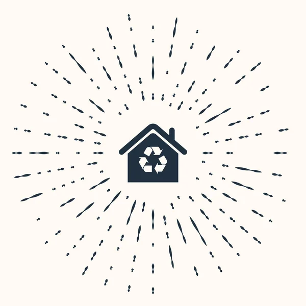 Graues Öko-Haus mit Recycling-Symbol auf beigem Hintergrund. Ökologie zu Hause mit Recycling-Pfeilen. abstrakte Kreis zufällige Punkte. Vektorillustration — Stockvektor