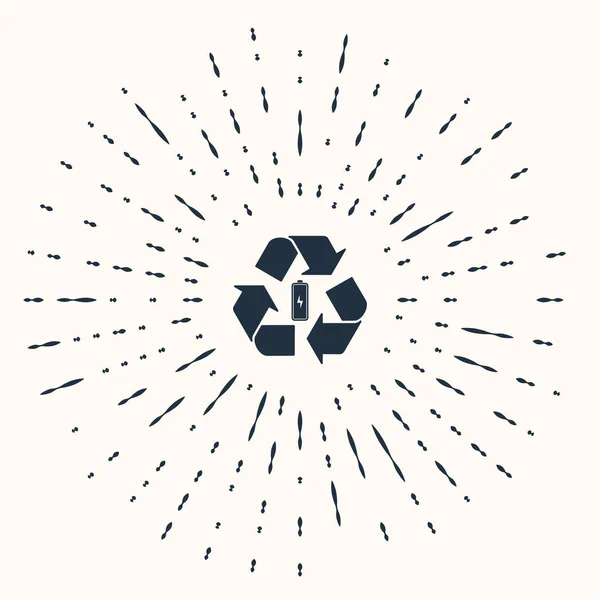 Bateria cinza com ícone de linha de símbolo de reciclagem isolado no fundo bege. Bateria com símbolo de reciclagem - conceito de energia renovável. Pontos aleatórios de círculo abstrato. Ilustração vetorial — Vetor de Stock