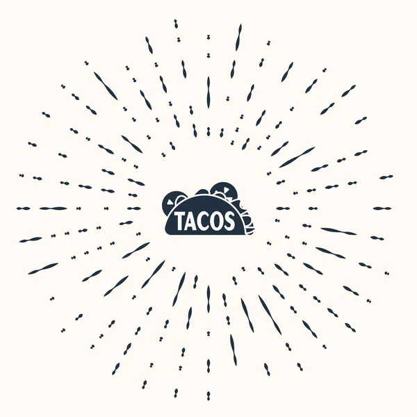 Šedé Taco s ikonou tortilla izolované na béžovém pozadí. Tradiční mexické rychlé občerstvení. Abstraktní kruh náhodných teček. Vektorová ilustrace — Stockový vektor