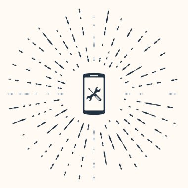 Bej arka planda izole edilmiş, tornavidalı ve anahtar ikonlu gri akıllı telefon. Ayarlama, servis, ayar, bakım, onarım, onarım. Soyut çember rastgele noktalar. Vektör İllüstrasyonu