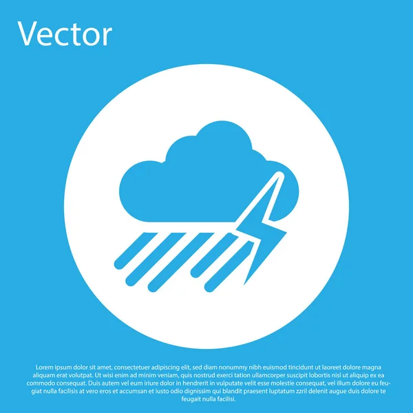 Blaue Wolke mit Regen und Blitz-Symbol auf blauem Hintergrund. Regenwolken Niederschlag mit Regentropfen. Wettersymbol des Sturms. weißer Kreis-Knopf. Vektorillustration — Stockvektor