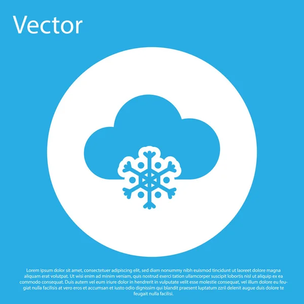 Blaue Wolke mit Schnee-Symbol auf blauem Hintergrund. Wolke mit Schneeflocken. Ein Wettersymbol. Schneeschild. Weißer Kreis-Knopf. Vektorillustration — Stockvektor