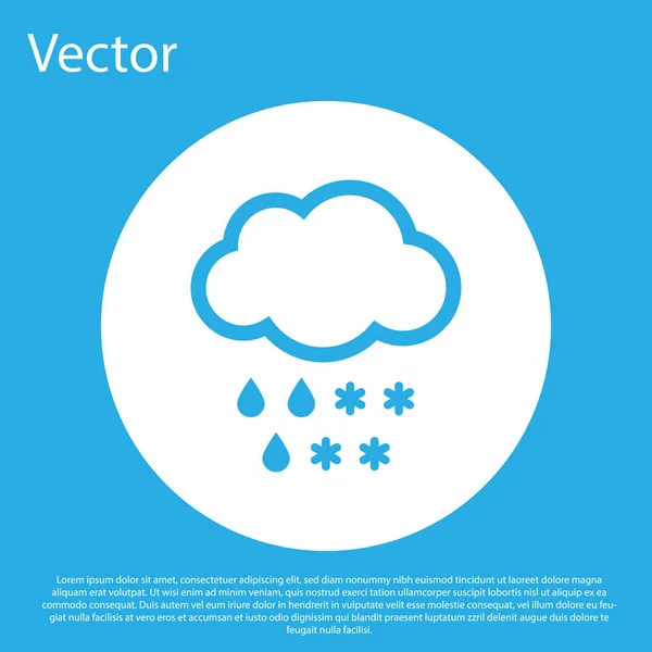 Blaue Wolke mit Schnee- und Regensymbol auf blauem Hintergrund. Wettersymbol. weißer Kreis-Knopf. Vektorillustration — Stockvektor