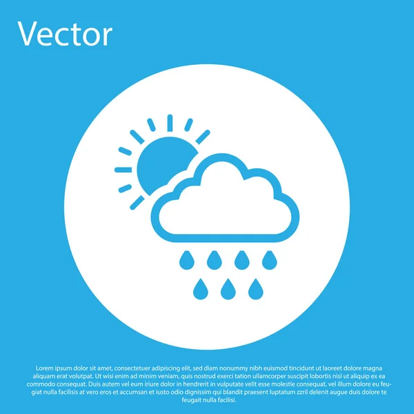 Blaue Wolke mit Regen- und Sonnensymbol auf blauem Hintergrund. Regenwolken Niederschlag mit Regentropfen. weißer Kreis-Knopf. Vektorillustration — Stockvektor