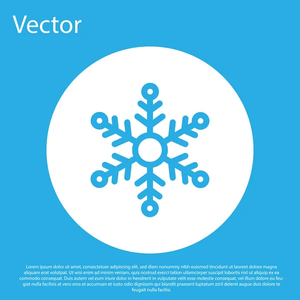 Icono de copo de nieve azul aislado sobre fondo azul. Botón círculo blanco. Ilustración vectorial — Vector de stock
