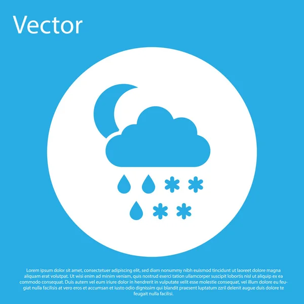 Blaue Wolke mit Schnee, Regen und Mondsymbol auf blauem Hintergrund. Wettersymbol. weißer Kreis-Knopf. Vektorillustration — Stockvektor