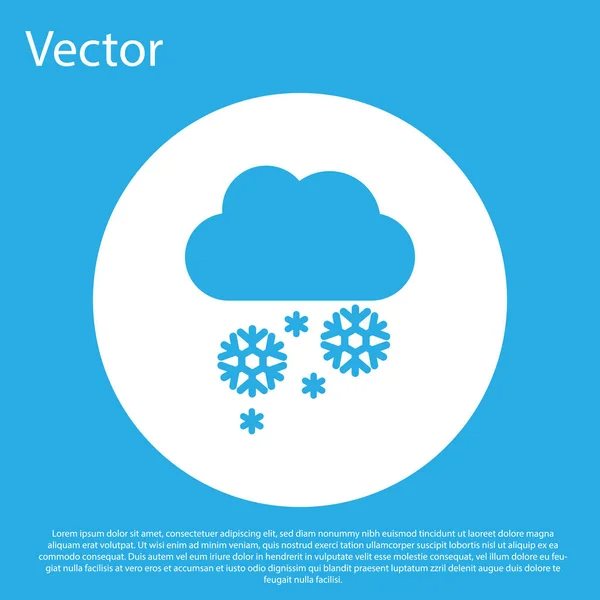 Blaue Wolke mit Schnee-Symbol auf blauem Hintergrund. Wolke mit Schneeflocken. Ein Wettersymbol. Schneeschild. Weißer Kreis-Knopf. Vektorillustration — Stockvektor