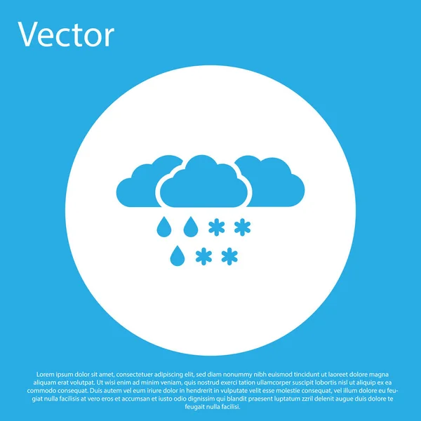 Nube azul con icono de nieve y lluvia aislado sobre fondo azul. Icono del clima. Botón círculo blanco. Ilustración vectorial — Vector de stock