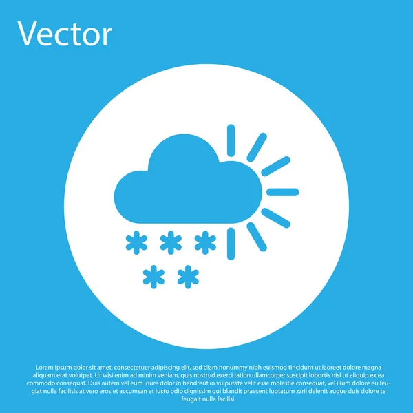Blau bewölkt mit Schnee-Symbol auf blauem Hintergrund. Wolke mit Schneeflocken. einzelnes Wettersymbol. Schneeschild. weißer Kreis-Knopf. Vektorillustration — Stockvektor