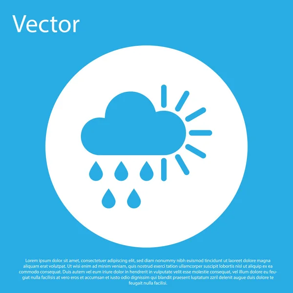 Blau bewölkt mit Regen und Sonnensymbol auf blauem Hintergrund. Regenwolken Niederschlag mit Regentropfen. weißer Kreis-Knopf. Vektorillustration — Stockvektor
