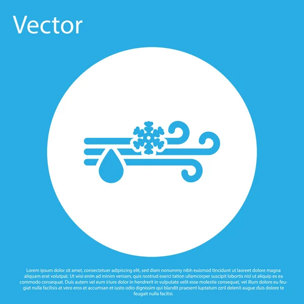 Blauer Wind und Regen mit Schneeikone auf blauem Hintergrund. windiges Wetter. weißer Kreis-Knopf. Vektorillustration — Stockvektor