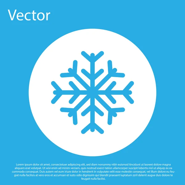 Icono de copo de nieve azul aislado sobre fondo azul. Botón círculo blanco. Ilustración vectorial — Vector de stock