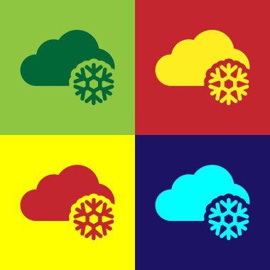 Renk arkaplanında kar simgesi olan renk bulutu. Kar taneli bulut. Tek hava ikonu. Kar tabelası. Vektör İllüstrasyonu