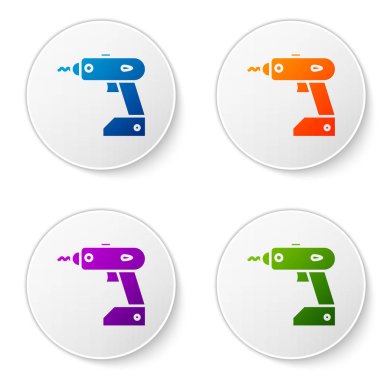 Beyaz arkaplanda izole edilmiş renkli elektrik kablosuz tornavida simgesi. Elektrikli matkap. Tamir aleti. Simgeleri daire düğmelerine ayır. Vektör İllüstrasyonu