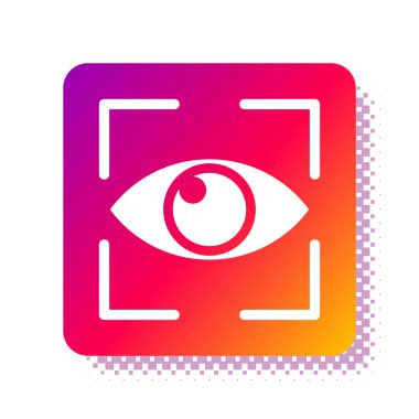 Beyaz Göz tarama simgesi beyaz arkaplanda izole edildi. Göz taraması yapılıyor. Güvenlik kontrol sembolü. Siber göz işareti. Kare renk düğmesi. Vektör İllüstrasyonu