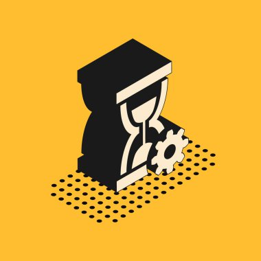 Isometric Kum Saati ve dişli ikonu sarı arka planda izole edildi. Zaman Yönetimi sembolü. Saat ve vites simgesi. Üretkenlik sembolü. Vektör İllüstrasyonu