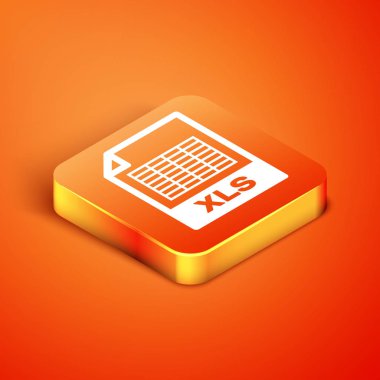 Isometric Xls dosya belgesi. Xls düğmesi simgesi turuncu arkaplanda izole edildi. Dosya simgesini çıkart. Vektör İllüstrasyonu
