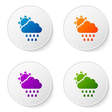 Yağmurlu ve beyaz arkaplanda izole edilmiş güneş ikonu olan renk bulutu. Yağmur damlaları ile yağmur bulutu yağışı. Simgeleri daire düğmelerine ayır. Vektör İllüstrasyonu