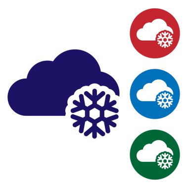 Beyaz arkaplanda izole edilmiş kar ikonu olan Mavi Bulut. Kar taneli bulut. Tek hava ikonu. Kar tabelası. Renk simgelerini daire düğmelerine ayır. Vektör İllüstrasyonu