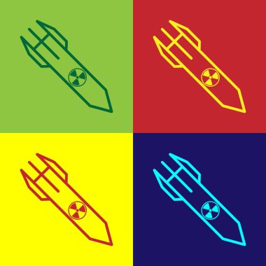 Renk arkaplanında izole edilmiş renkli Nükleer roket ikonu. Roket bombası düşüyor. Vektör İllüstrasyonu