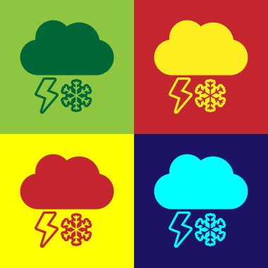 Renk arkaplanında kar ve şimşek simgesi olan renkli bulut. Kar taneli bulut. Tek hava ikonu. Kar tabelası. Vektör İllüstrasyonu