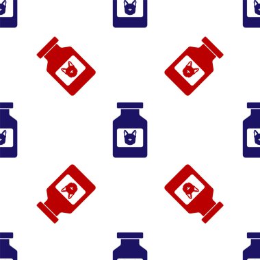 Mavi ve kırmızı köpek ilaç şişesi ikonu beyaz arka planda izole edilmiş kusursuz desen. İçinde haplar olan konteynır. Hayvan için reçeteli ilaç. Vektör İllüstrasyonu