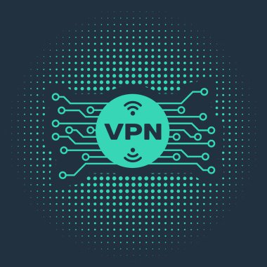Mavi arkaplanda izole edilmiş mikroçip devre ikonu ile daire içinde yeşil VPN. Soyut çember rastgele noktalar. Vektör İllüstrasyonu