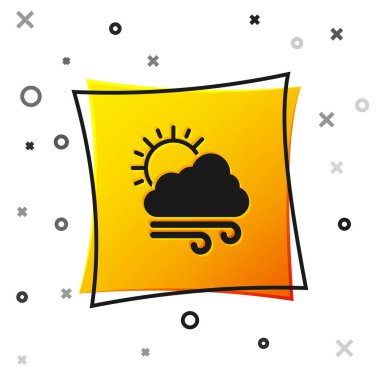 Siyah Rüzgarlı hava ikonu beyaz arkaplanda izole edildi. Güneşli ve rüzgarlı bir bulut. Sarı kare düğme. Vektör İllüstrasyonu