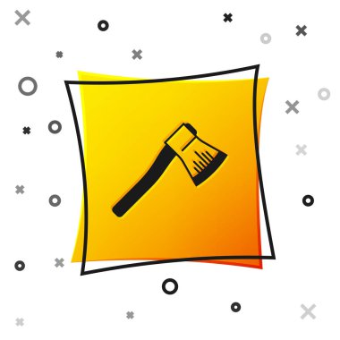 Beyaz arka planda siyah tahta balta simgesi izole edildi. Oduncu baltası. Sarı kare düğme. Vektör İllüstrasyonu