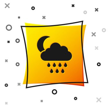 Beyaz zemin üzerinde yağmur ve ay ikonu olan kara bulut. Yağmur damlaları ile yağmur bulutu yağışı. Sarı kare düğme. Vektör İllüstrasyonu