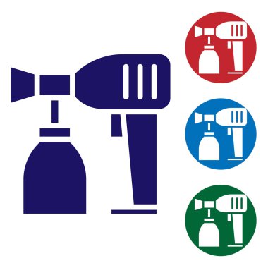 Beyaz arkaplanda mavi boya sprey tabancası ikonu var. Renk simgelerini daire düğmelerine ayır. Vektör İllüstrasyonu