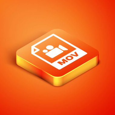 Isometric Mov dosya belgesi. Turuncu arkaplanda hareket simgesi indir. Hareket dosyası sembolü. Ses ve video koleksiyonu. Vektör İllüstrasyonu