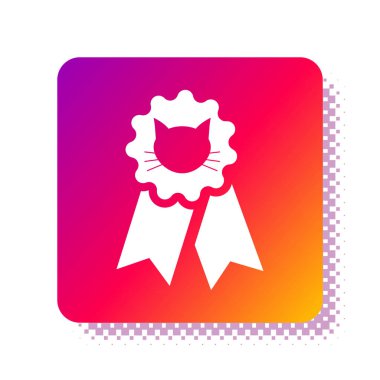 Beyaz Kedi ödül simgesi beyaz arkaplanda izole edilmiş. Kedi ayak izli madalya, evcil hayvan sergisi kazananı konsepti. Kare renk düğmesi. Vektör İllüstrasyonu