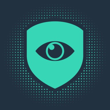 Yeşil Kalkan ve göz simgesi mavi arkaplanda izole edildi. Güvenlik, güvenlik, koruma, gizlilik kavramı. Soyut çember rastgele noktalar. Vektör İllüstrasyonu