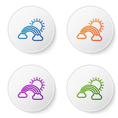 Bulutlu renkli Gökkuşağı ve beyaz arkaplanda izole edilmiş güneş ikonu. Simgeleri daire düğmelerine ayır. Vektör İllüstrasyonu