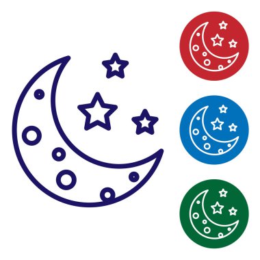 Mavi Ay ve yıldız simgesi beyaz arkaplanda izole edildi. Renk simgelerini daire düğmelerine ayır. Vektör İllüstrasyonu