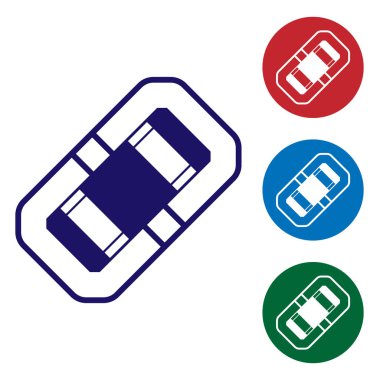 Mavi Rafting tekne simgesi beyaz arkaplanda izole edildi. Şişme bot. Su sporları, ekstrem sporlar, tatil, tatil, takım oluşturma. Renk simgelerini daire düğmelerine ayır. Vektör İllüstrasyonu