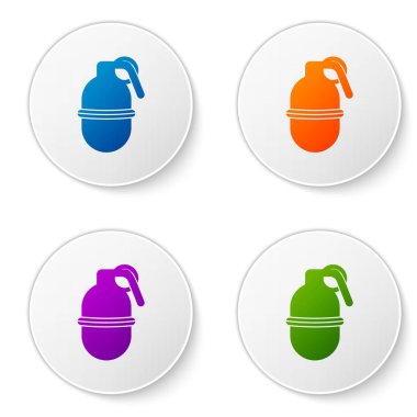 Beyaz arkaplanda izole edilmiş renkli el bombası ikonu. Bomba patlaması. Simgeleri daire düğmelerine ayır. Vektör İllüstrasyonu