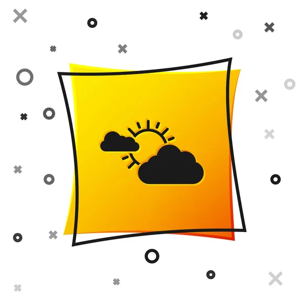 Icono del sol negro y el clima de nubes aislado sobre fondo blanco. Botón cuadrado amarillo. Ilustración vectorial — Archivo Imágenes Vectoriales