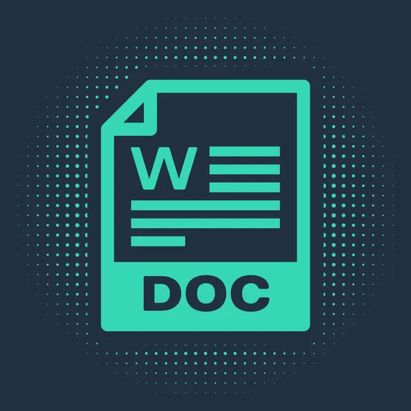 Green DOC file document. Download doc button icon isolated on blue background. DOC file extension symbol. Abstract circle random dots. Vector Illustration