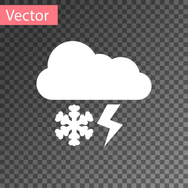 Weiße Wolke mit Schnee und Blitz-Symbol auf transparentem Hintergrund. Wolke mit Schneeflocken. einzelnes Wettersymbol. Schneeschild. Vektorillustration — Stockvektor