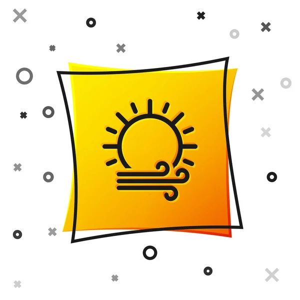 Schwarzer Wind und Sonnensymbol isoliert auf weißem Hintergrund. windiges Wetter. gelber quadratischer Knopf. Vektorillustration — Stockvektor