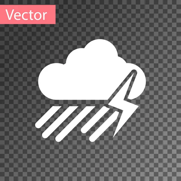 White Cloud with rain and lightning icon isolated on transparent background. Rain cloud precipitation with rain drops.Weather icon of storm. Vector Illustration — Stock Vector