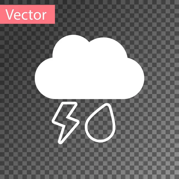 Witte wolk met regen en bliksem pictogram geïsoleerd op transparante achtergrond. Regen bewolkt neerslag met regendruppels.Weer pictogram van de storm. Vector Illustratie — Stockvector