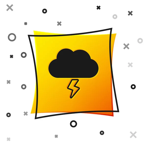 Icono de tormenta negra aislado sobre fondo blanco. Nube y relámpago. Icono del tiempo de tormenta. Botón cuadrado amarillo. Ilustración vectorial — Archivo Imágenes Vectoriales