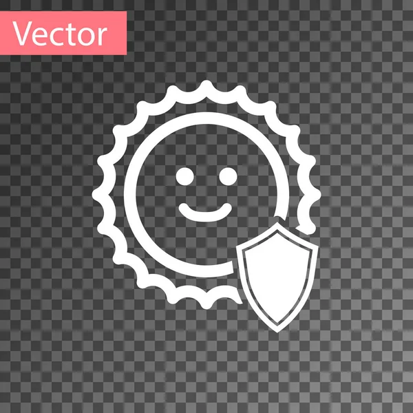 Icono blanco de protección UV aislado sobre fondo transparente. Sol y escudo. Radiación ultravioleta. Señal solar SPF. Ilustración vectorial — Vector de stock