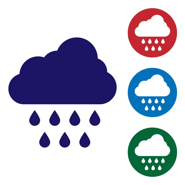 Blaue Wolke mit Regensymbol auf weißem Hintergrund. Regenwolken Niederschlag mit Regentropfen. Farbsymbole in Kreis-Buttons setzen. Vektorillustration — Stockvektor