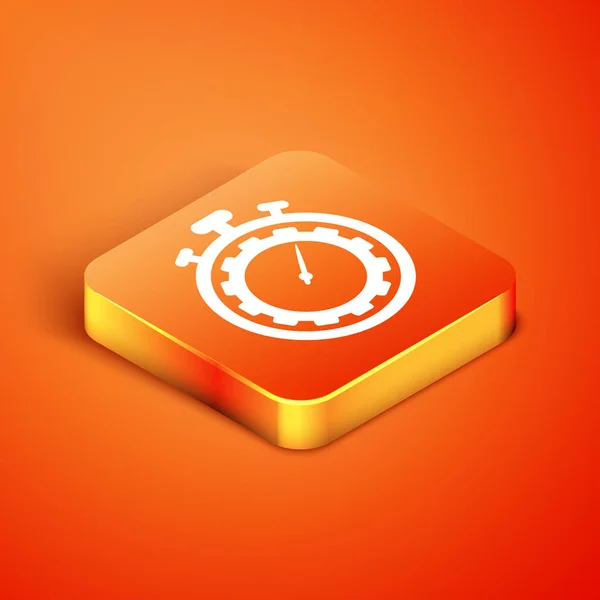 Icono de gestión del tiempo isométrico aislado sobre fondo naranja. Señal de reloj y engranaje. Símbolo de productividad. Ilustración vectorial — Vector de stock