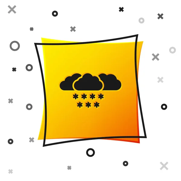 Zwarte wolk met sneeuw icoon geïsoleerd op witte achtergrond. Wolk met sneeuwvlokken. Pictogram voor één weer. Snowing teken. Gele vierkante knop. Vector illustratie — Stockvector